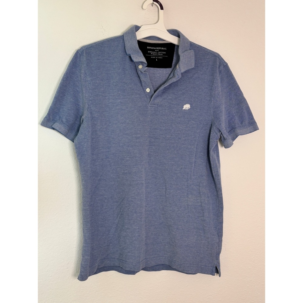 Banana Republic Mens Large Blue Organic Cotton Pique Polo Elephant Logo Shirt